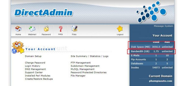 Kiểm tra dung lượng hosting direct admin